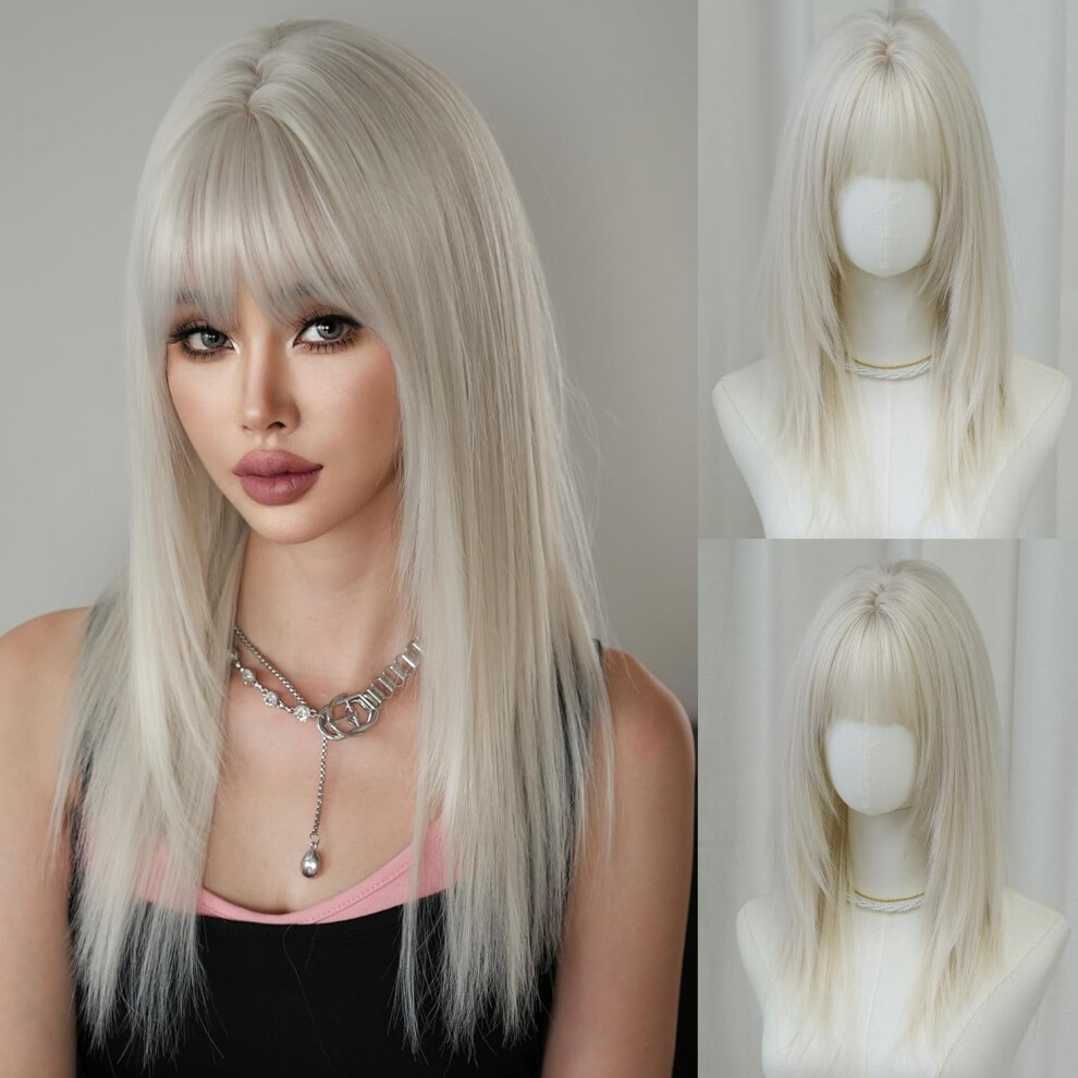 Silver Wig 24 Inch Long Straight with Bangs Layered Heat Resistant Human Hair Mixed Synthetic