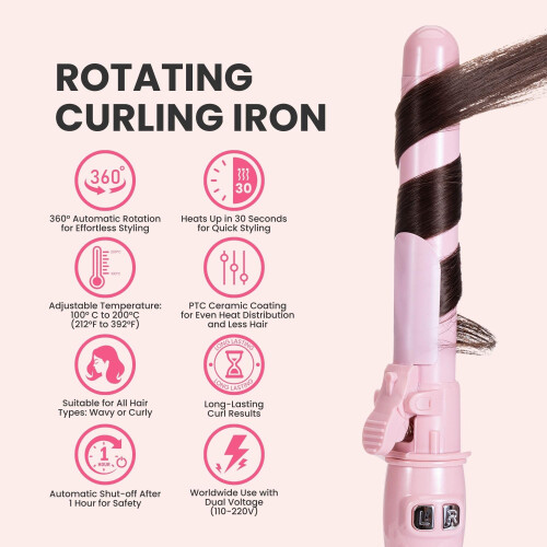 Automatic Rotating Curling Iron with Fast Heating, Adjustable Ceramic Barrel, LED Display, 1.1 Inch Pink Gradient for Long Lasting Curls 2