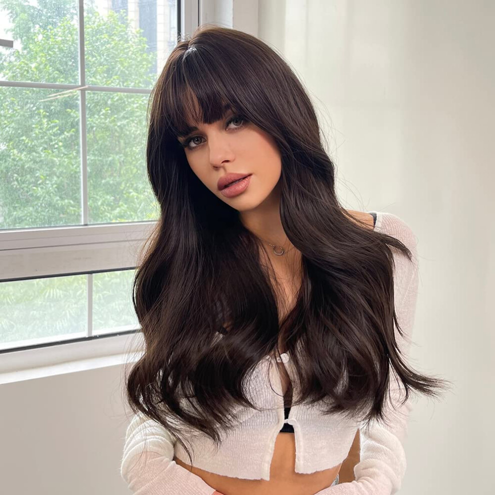 24 Inch Brown Wavy Human Hair Wig with Bangs, Heat Resistant, Lightweight and Tangle for Women