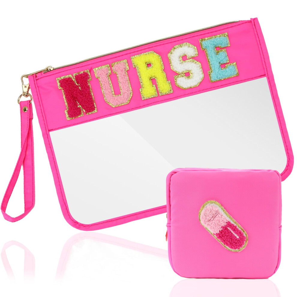 2 Pcs Nurse Makeup Bag with Handles, Waterproof Clear PVC Travel Cosmetic Organizer with Patch Style