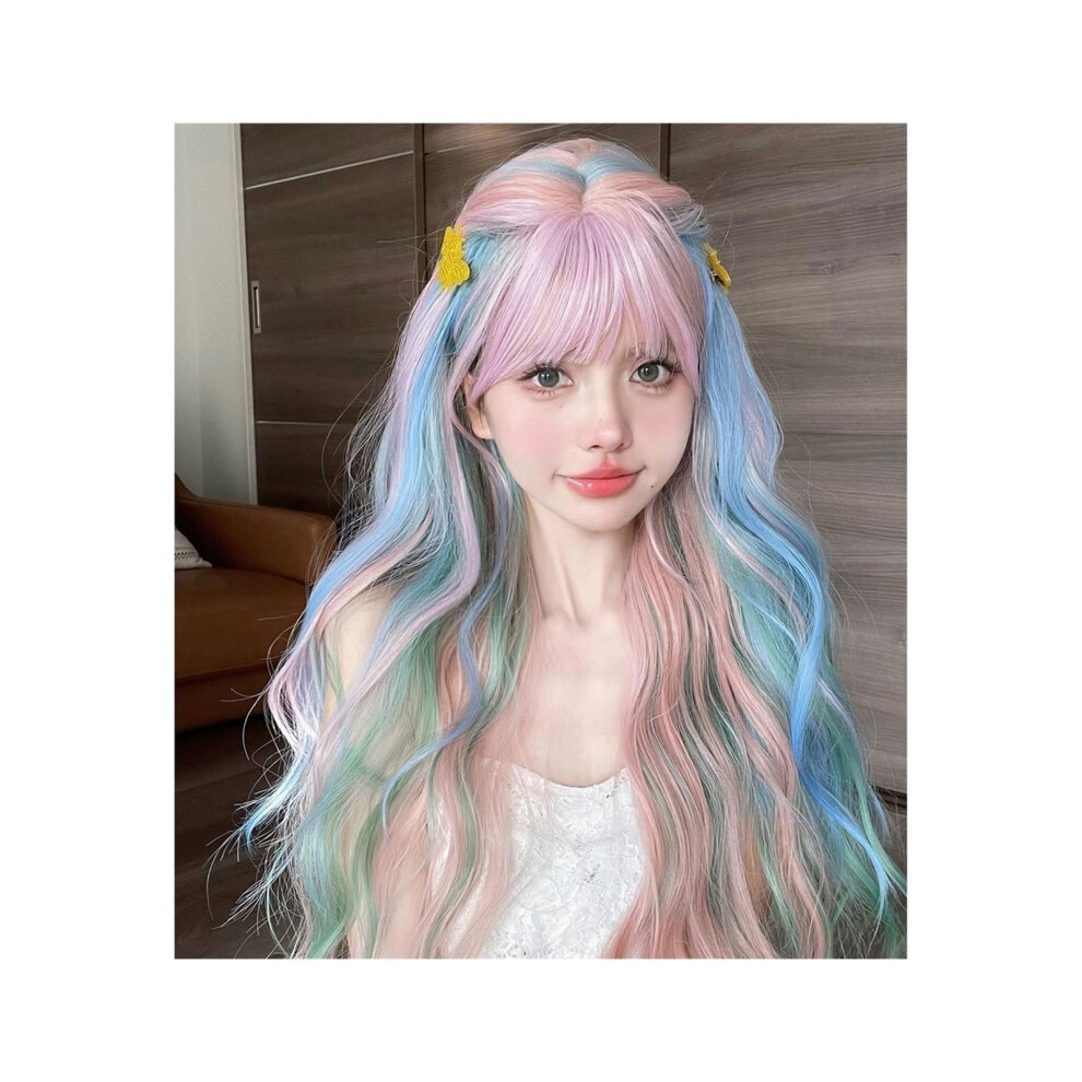 Unisex Long Rainbow Wig For Women Heat Resistant Wavy Synthetic Colorful Cosplay Wig With Bangs