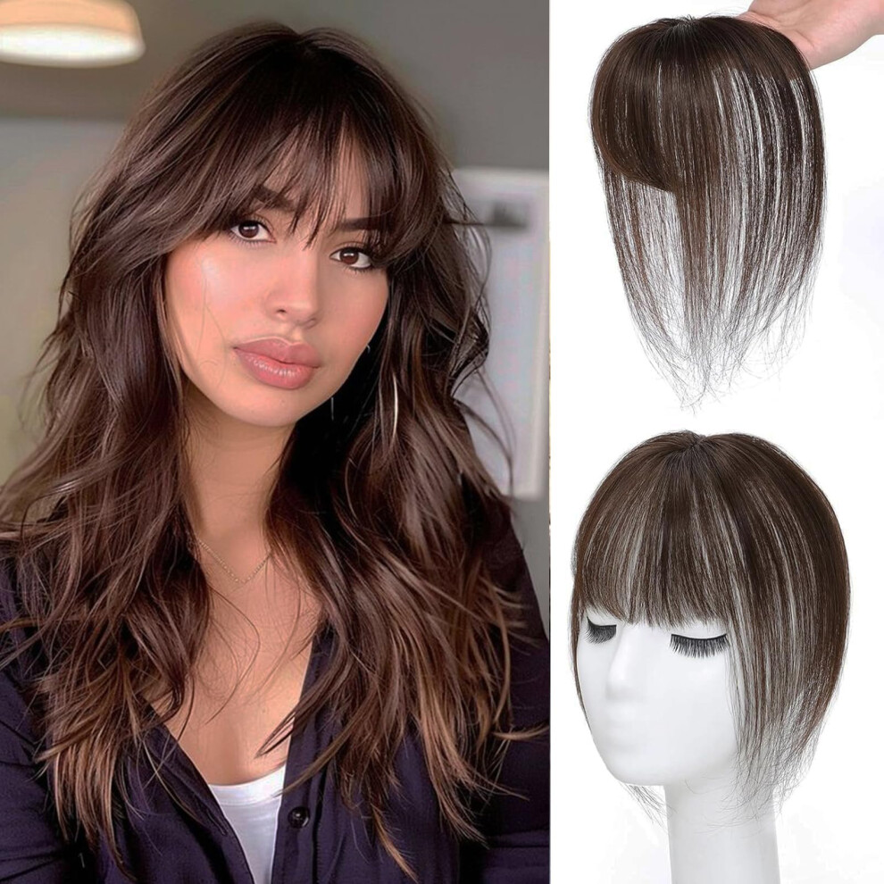 Unisex Brown Clip In Bangs 3D Wispy Virgin Human Hair With 360 Seamless Blend Dark Fringe Hairpiece