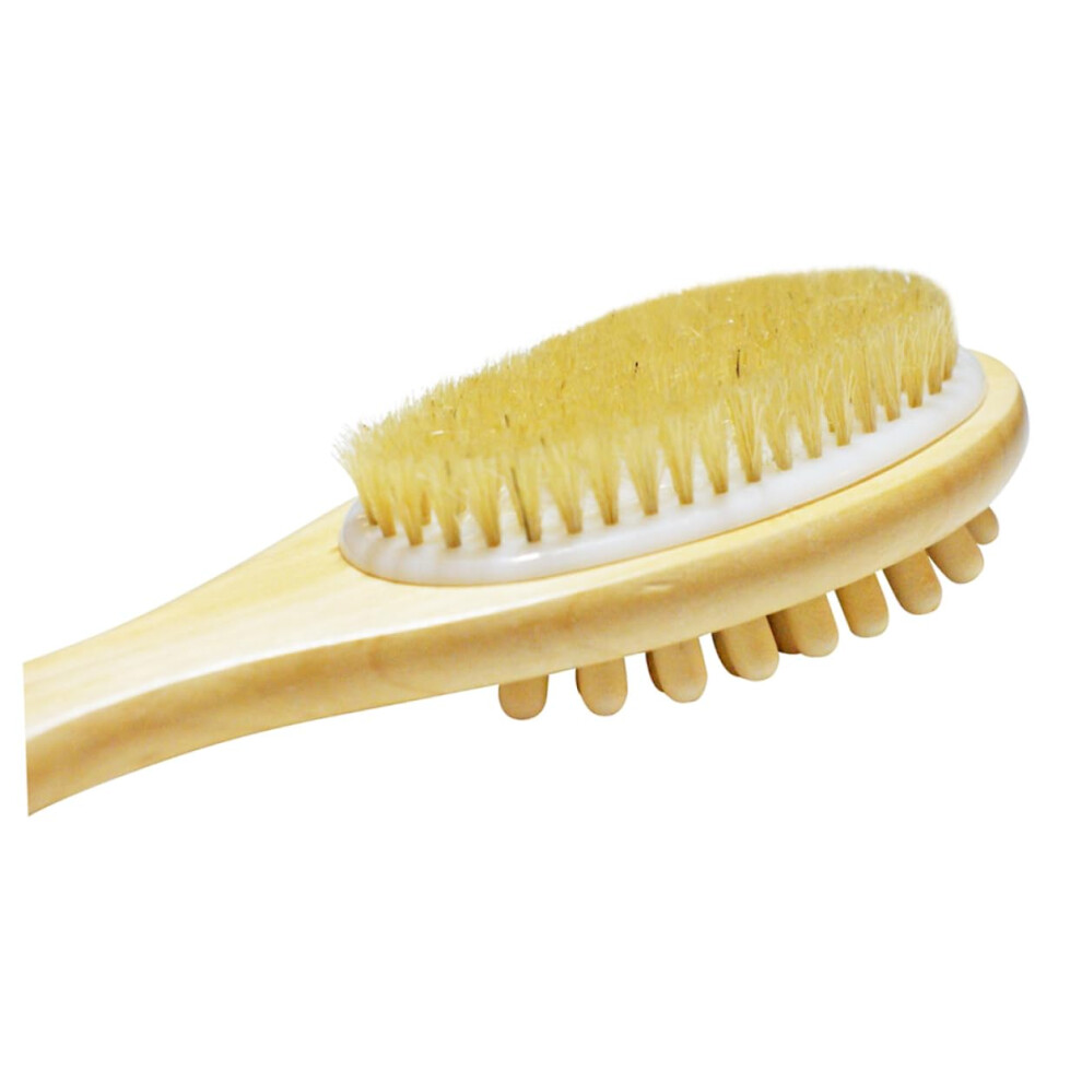 Wooden Bath Brush with Long Handle DualSided Bristles for Exfoliating Body and Back Scrubber
