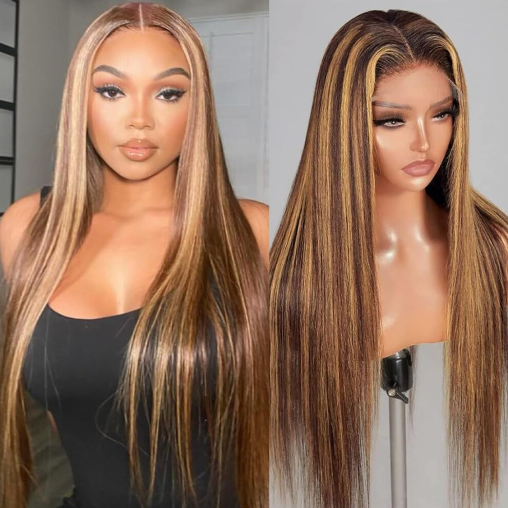 Unisex 28 Inch Honey Blonde 4/27 Ombre Human Hair Lace Front Wig Pre Plucked 13X4 Hd Glueless Brazilian Virgin Straight Wig