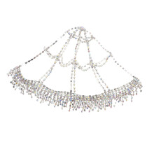 Rhinestone Bridal Headpiece Silver Tassel Hair Chain Elegant Fringe Mesh Headdress for Weddings