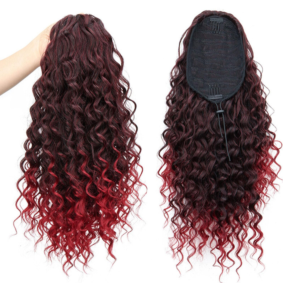 Unisex Red 18 Inch Ombre Burgundy Drawstring Ponytail Extension Afro Kinky Curly Hairpiece For Women