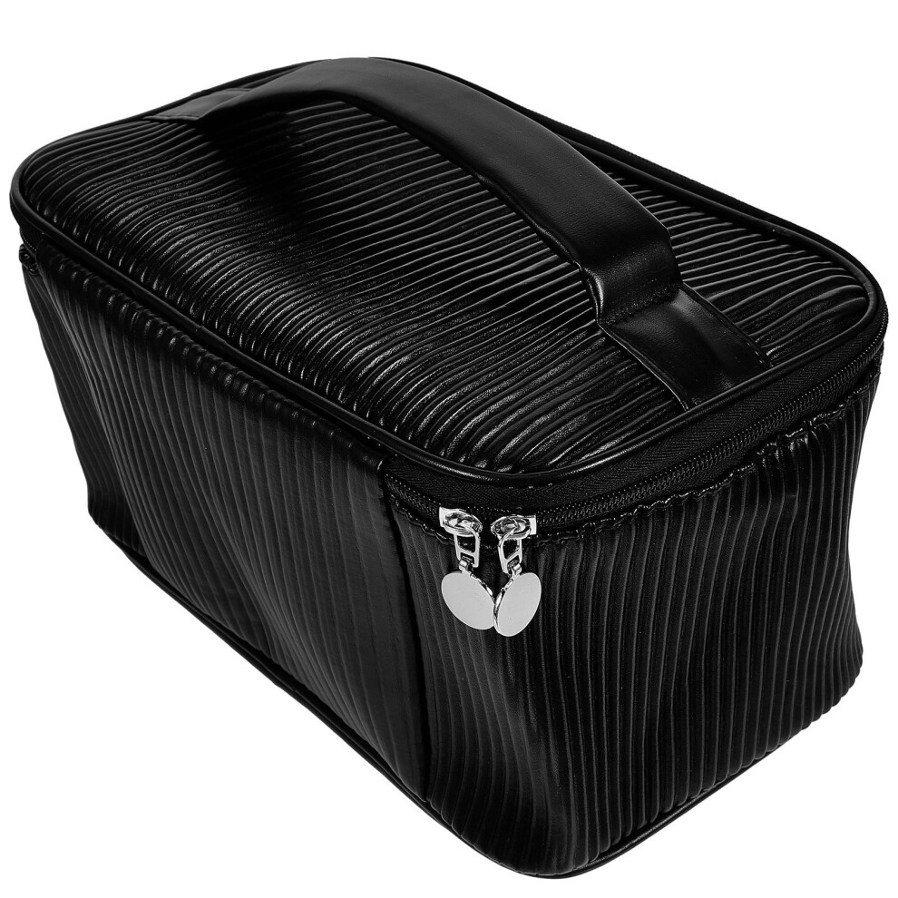 Vaguelly 2Pcs Large Capacity Black Pu Makeup Bag Travel Toiletry Storage Pouch