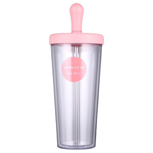 1Pc Pink Straw Water Cup Double Layer Sippy Drinking Bottle