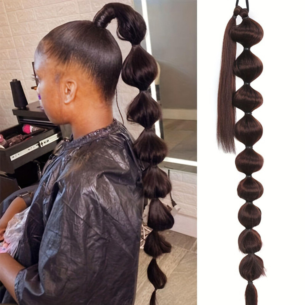 Unisex Brown 30 Inch Dark Yaki Straight Synthetic Ponytail Extension Wrap Around Lantern Bubble Hairpiece