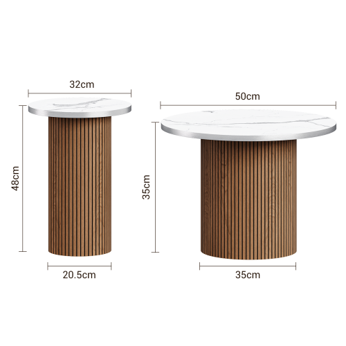 Walnut-Fluted Pedestal Round Coffee Table & Side Table Set - White Marble-Effect Top 2