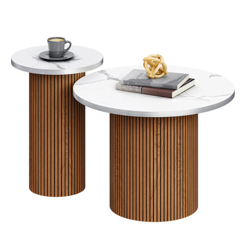 Walnut-Fluted Pedestal Round Coffee Table & Side Table Set - White Marble-Effect Top