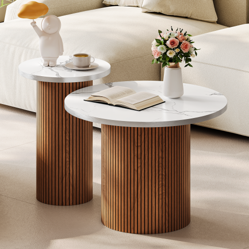 Walnut-Fluted Pedestal Round Coffee Table & Side Table Set - White Marble-Effect Top 1