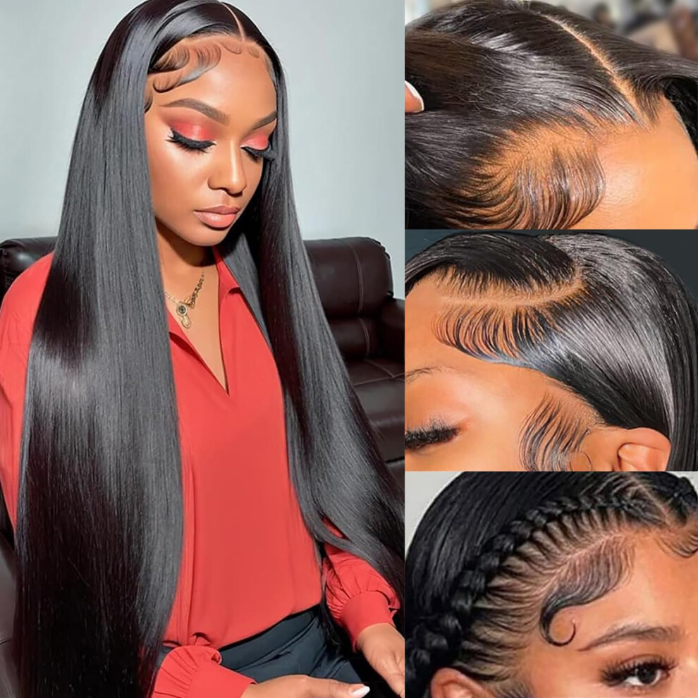 Unisex Black 32 Inch Straight Lace Front Wig, Glueless 13X4 Pre Plucked Natural Hairline For Women
