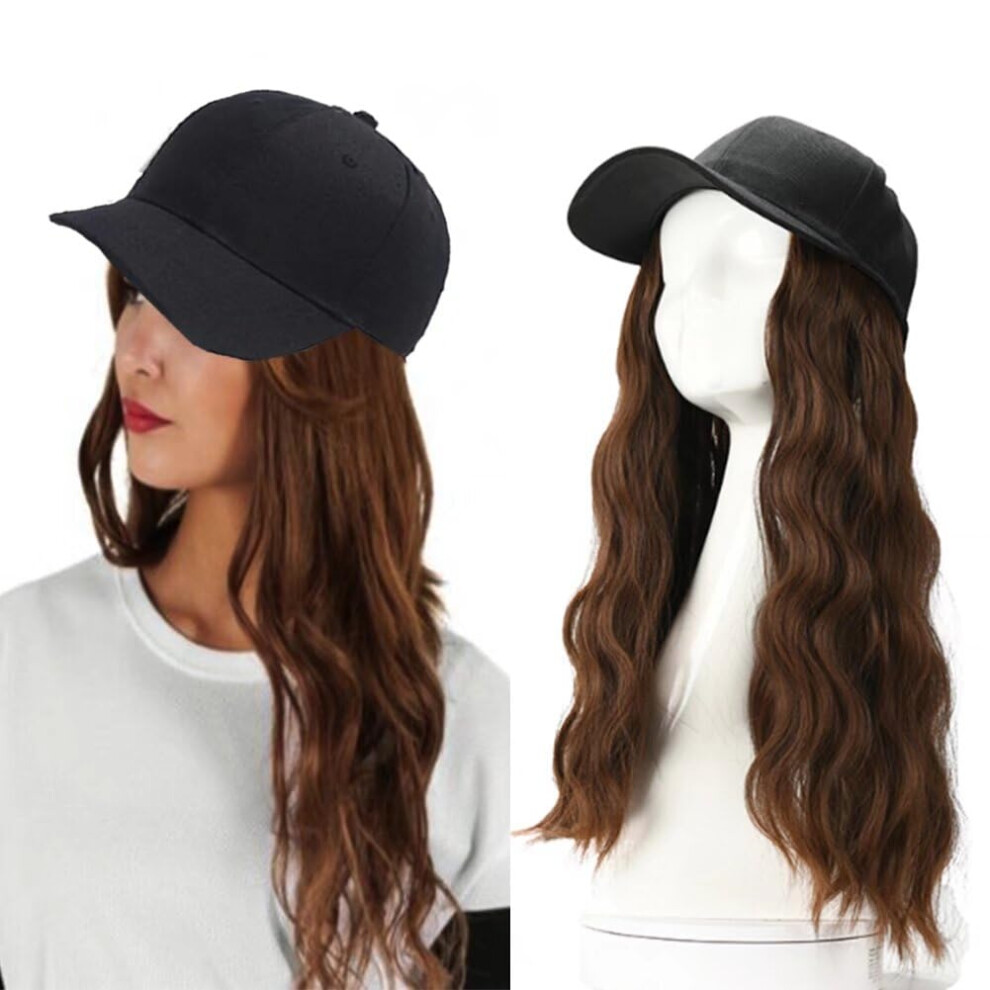 Light Brown Wavy Baseball Cap Wig 16 Inch for Women, HeatâResistant Synthetic Hair Extension Hat for Daily Use