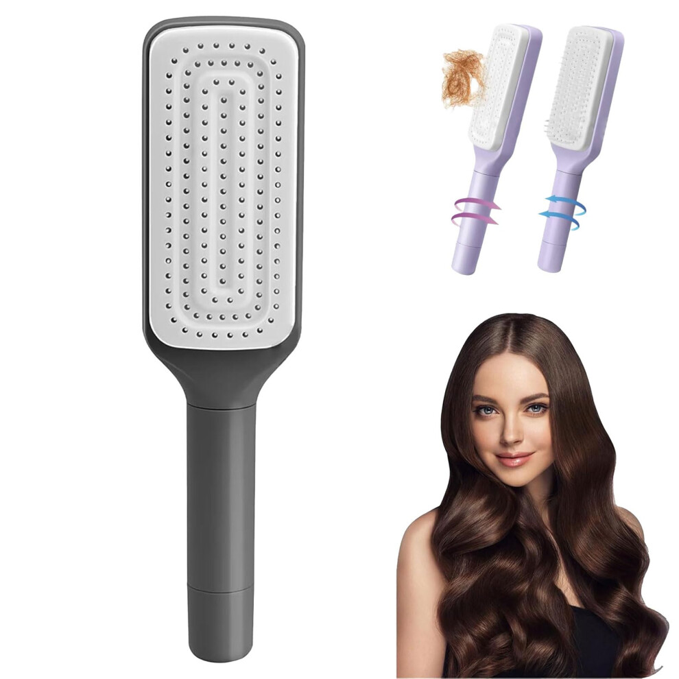 Gray Self Cleaning Hair Brush With Retractable Bristles For Gentle Detangling Of Thick And Curly Hair (Gray)