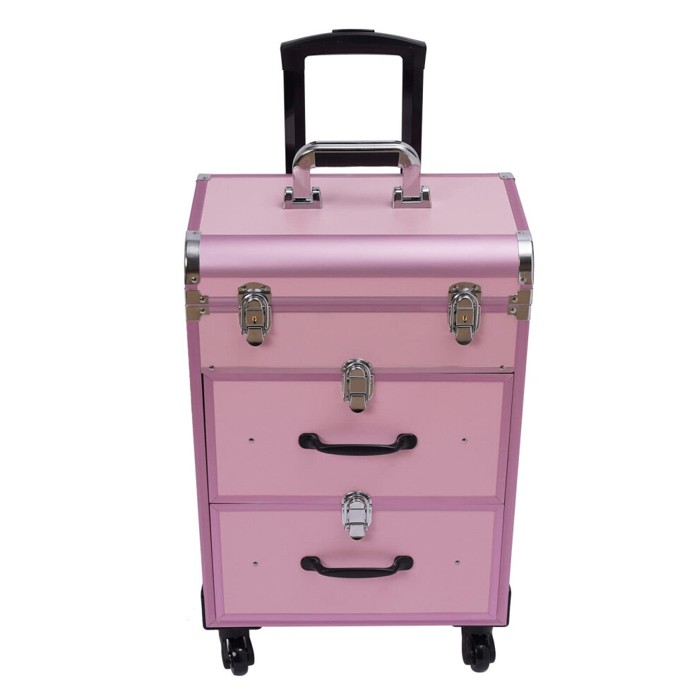 Pink Large Rolling Makeup Train Case With Locks, Professional Cosmetic Trolley Organizer,