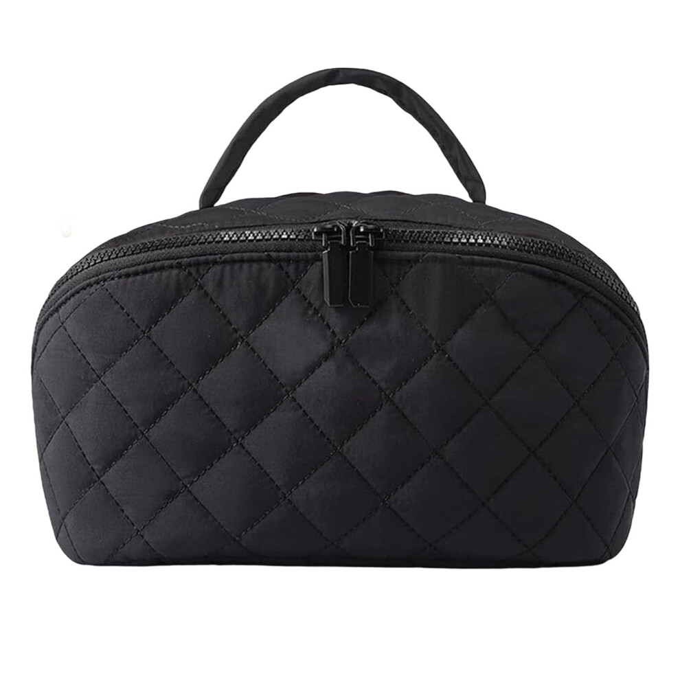 Black Makeup Bag For Women Waterproof Pu Leather Wide Open Layflat Travel Cosmetic Organizer