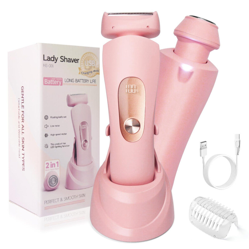 Women's Electric Razor and Bikini Trimmer, 2 in 1 Rechargeable IPX7 Waterproof Shaver with LED Light for Legs and Sensitive Skin