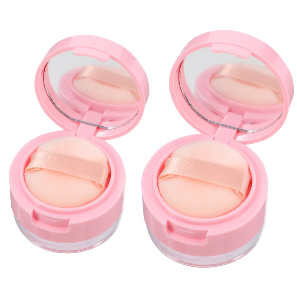 Pink 2Pcs Loose Powder Container With Puff And Mirror, Refillable Makeup Powder Box 3G 5G