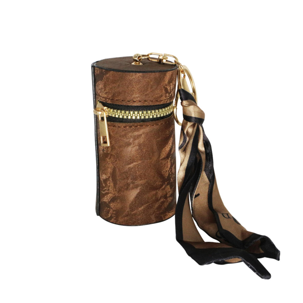 Lipstick Storage Case Brown Cylindrical Travel Makeup Organizer with Gold Keychain and Scarf