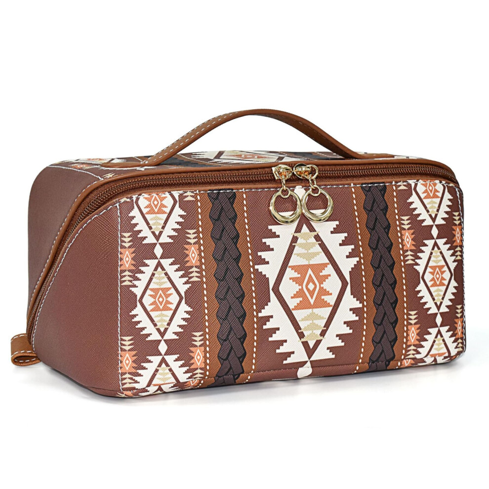 Large Capacity Waterproof PU Makeup Bag Bohemian Style Travel Cosmetic Organizer Coffee