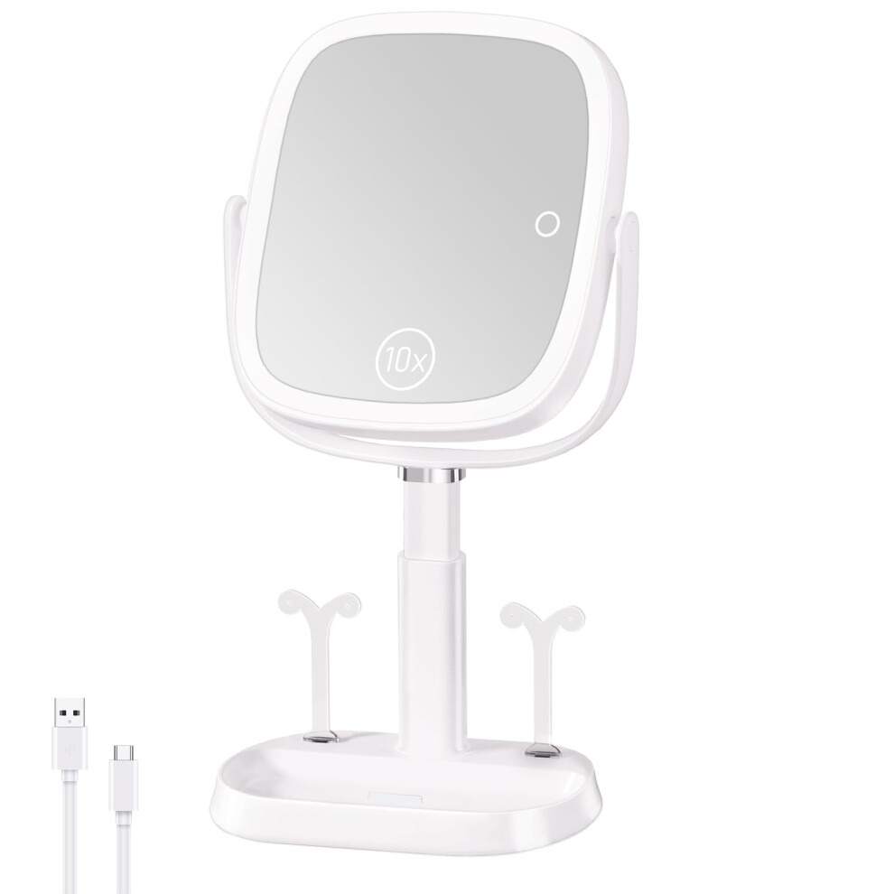 Lighted Makeup Mirror with 10X Magnification, Adjustable Height, 360 Rotation, Rechargeable 4000mAh