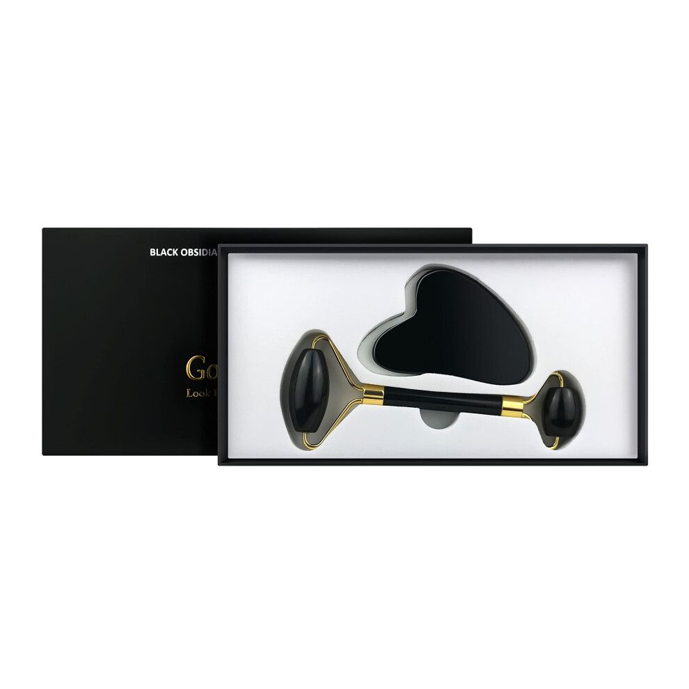 Black Obsidian Facial Roller And Gua Sha Set For Wrinkle Reduction, Skin Tightening And Lymphatic Drainage