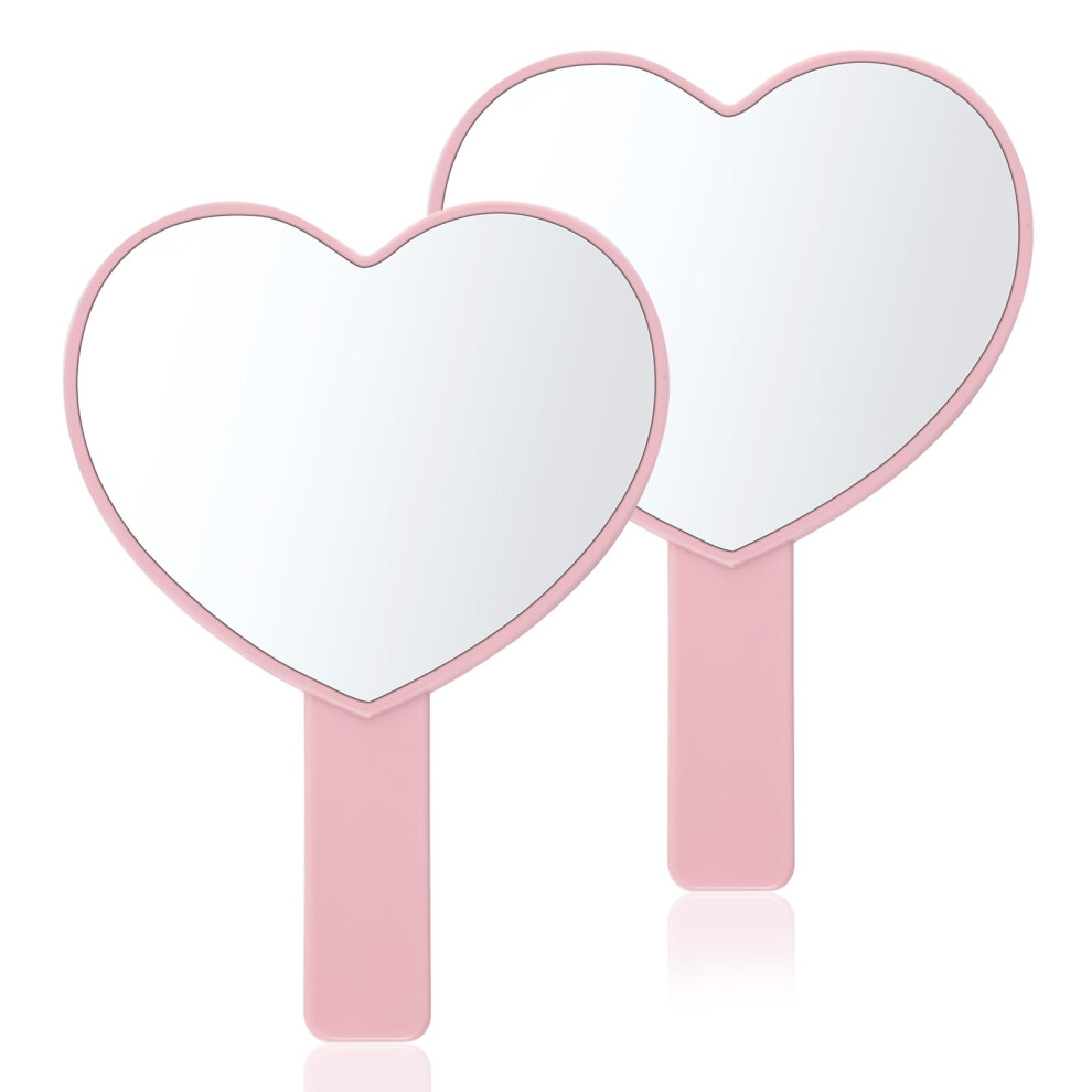 2 PCS Pink Heart Shaped Handheld Mirrors Mini Cosmetic Mirror with Handle for Travel and Gifts