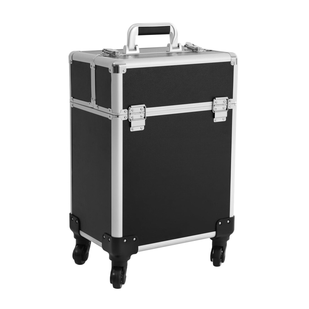 Black Makeup Train Case With Wheels And Locks, Professional Aluminum Rolling Cosmetic Trolley Organizer