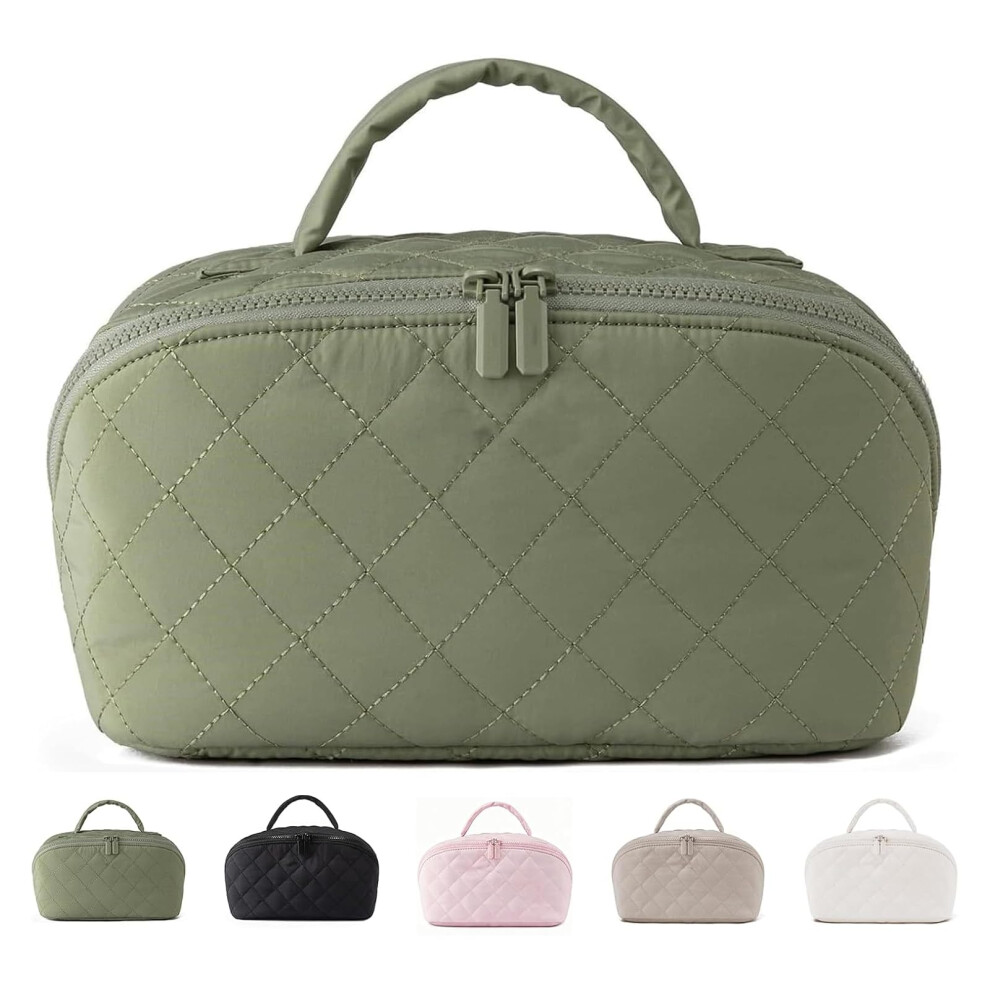 Green Large Capacity Travel Makeup Bag With 180 Layflat Opening, Waterresistant Cosmetic Organizer, Padded Toiletry Case For Brushes And Skincare (Green)