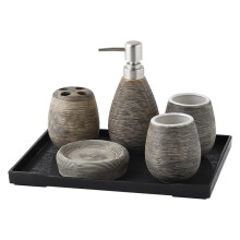 Vintage Brushed Ceramic Bathroom Accessories Set, FivePiece Handmade Family Drinkware Set