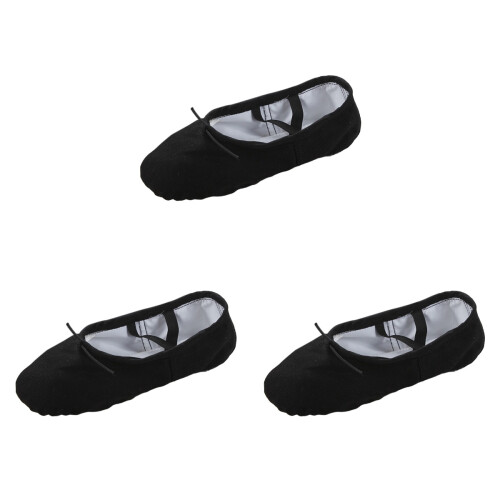 3Pièces Chaussures Ballet Noir Toile Semelle Cuir Confortables 1