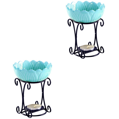 2Pcs Blue Ceramic and Iron Candlestick Essential Oil Burner for Home 2