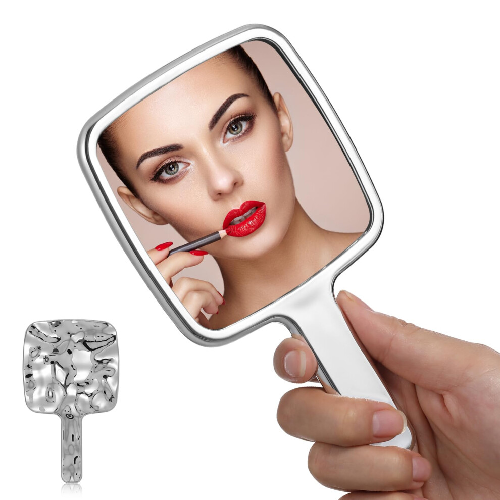 Silver Handheld Makeup Mirror With 360 Rotating Handle, Compact Travel Size, Elegant Ripple Design,