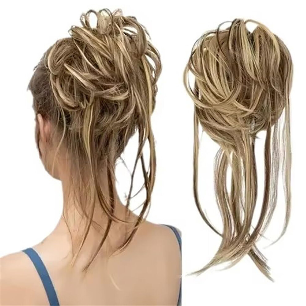 Unisex Brown Light Messy Bun Hairpiece Synthetic Curly Updo Chignon With Stretchable Band For Women
