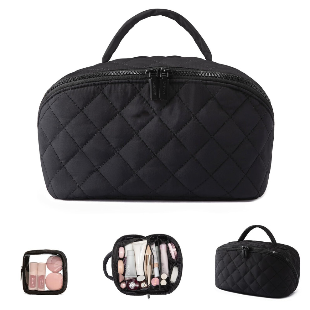 Black Large Capacity Travel Makeup Bag For Women With 180 Layflat Design And Waterproof Compartments,