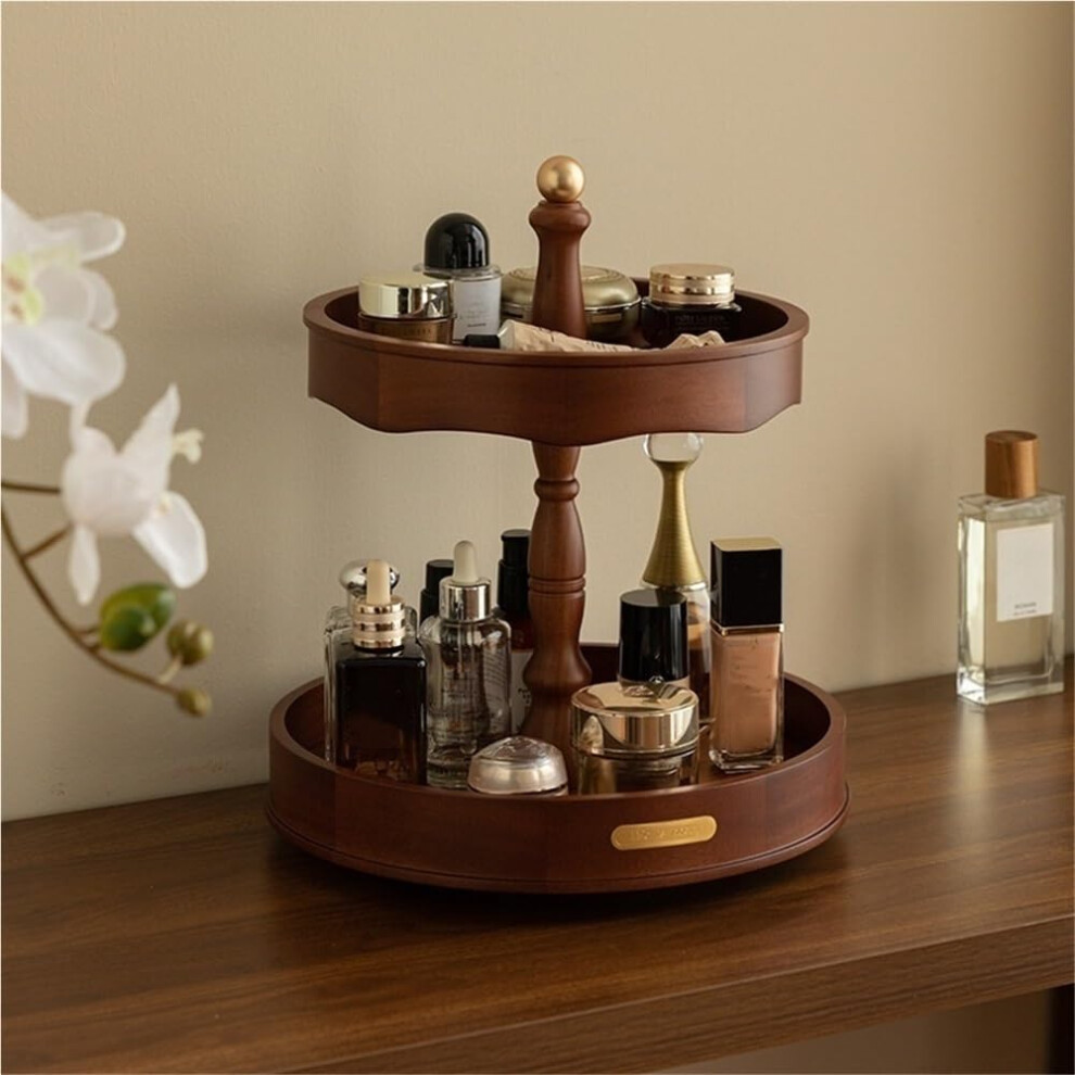 360 Wooden Makeup Organizer with TwoTier Pine Vanity Carousel for Perfume and Rustic Countertop Display