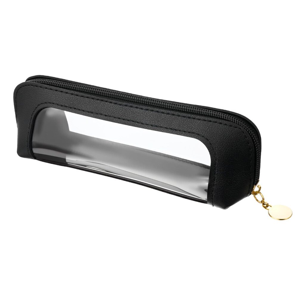Clear Makeup Bag with Zipper, PU Leather Double Window Transparent Toiletry Organizer for Travel