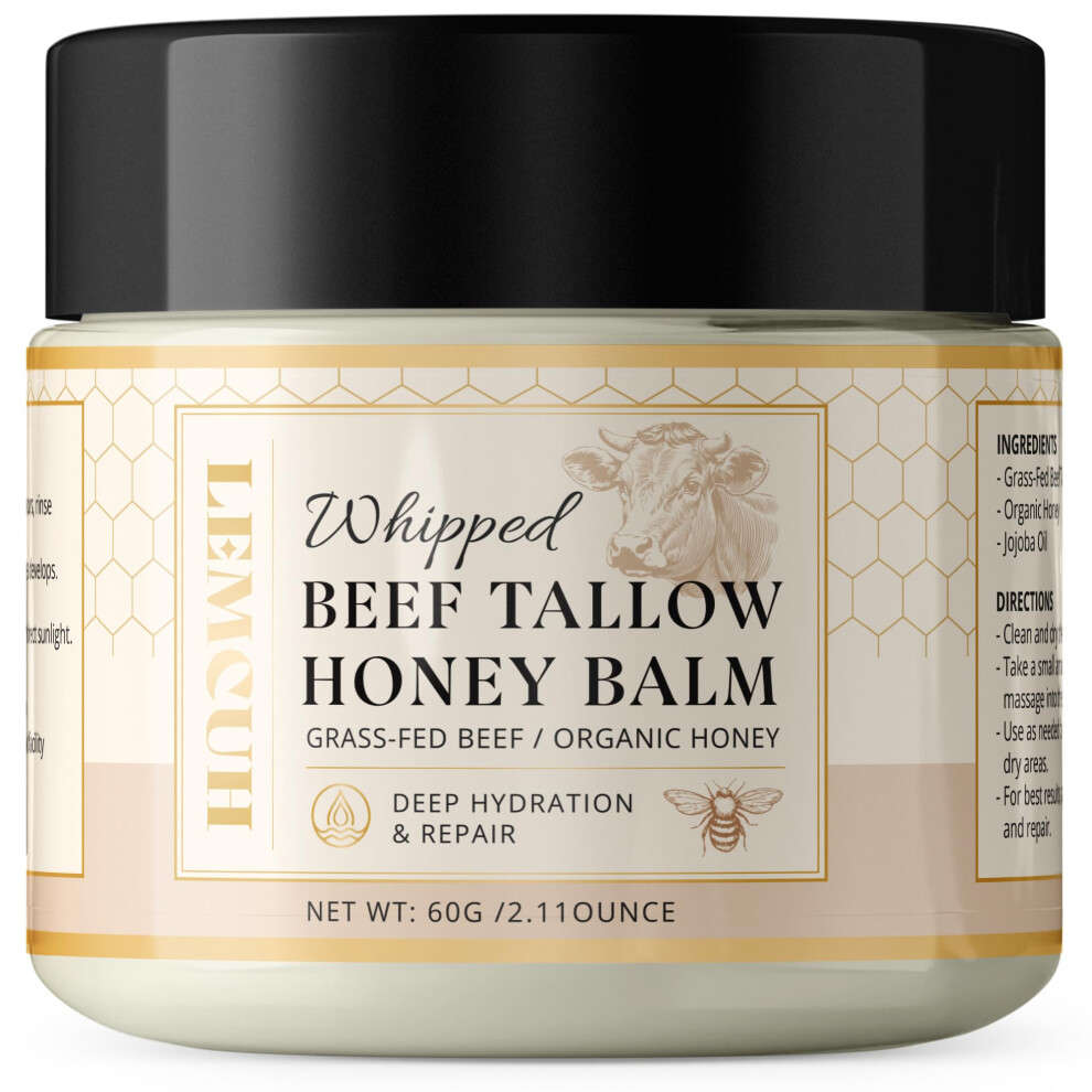 Beef Tallow Balm with Honey and Jojoba Oil for Mature Dry Skin, Deep Hydration Unscented 2oz