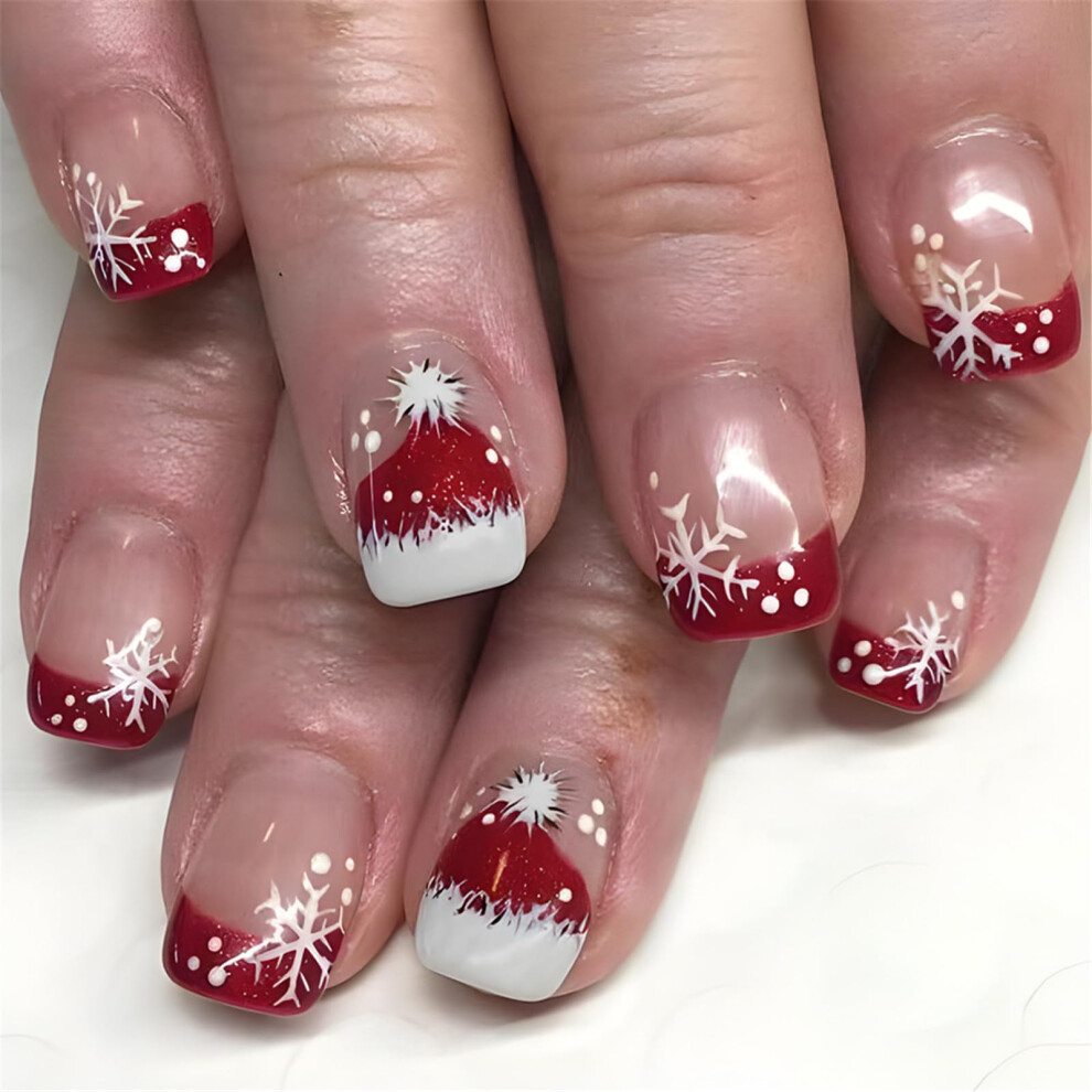 Christmas Press On Nails with Festive Snowflake Design, 24pcs Holiday Artificial Nail Set