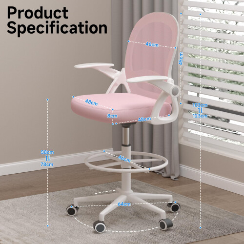 (Pink)Tall Office Chair Footrest Ring Flip-Up Arms Mesh Back 2