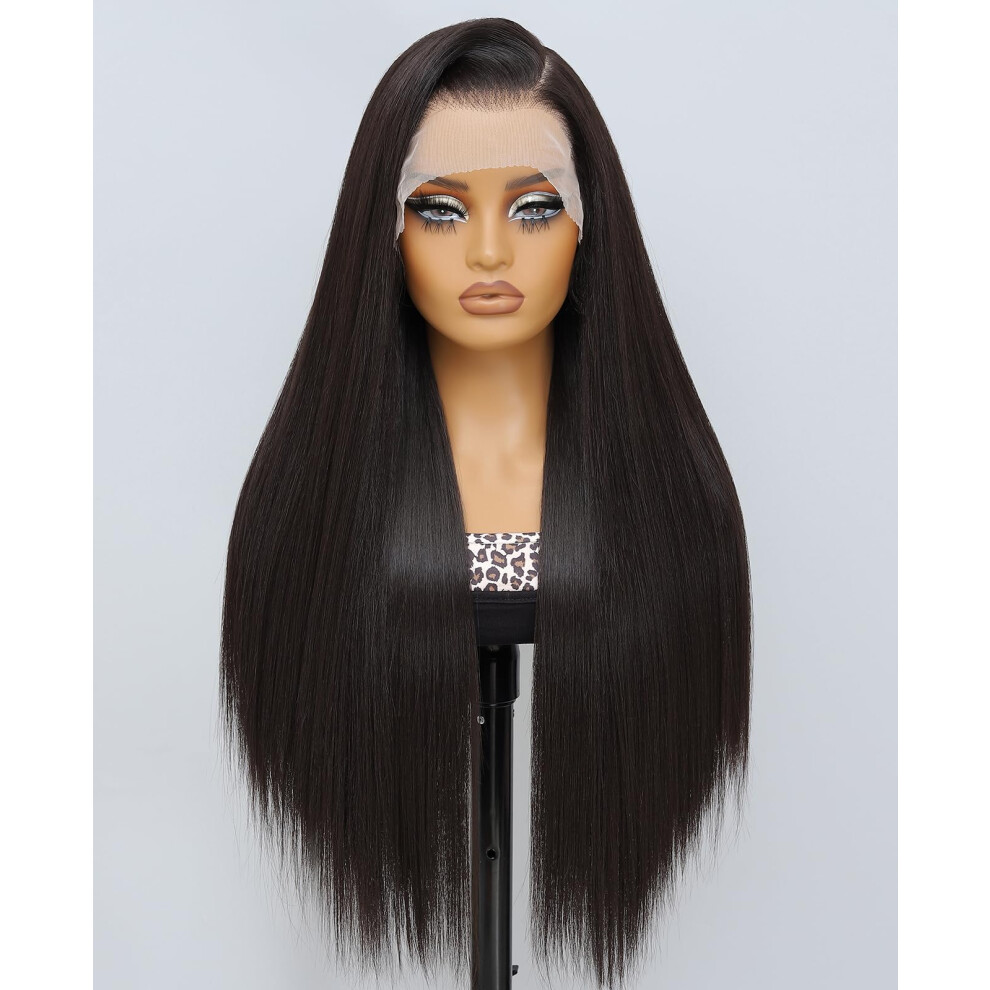 Unisex Brown 13X6 Hd Lace Front Wig Dark Straight Synthetic Glueless Wig For Women Natural Hairline 28 Inch