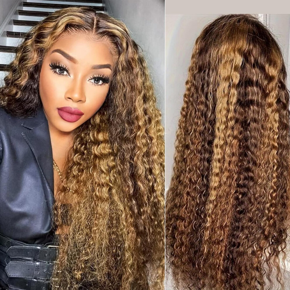 Unisex Brown 28 Inch Deep Wave Human Hair Lace Front Wig Blonde Highlight 13X6 Hd Lace PreâPlucked 200% Volume Natural Hairline