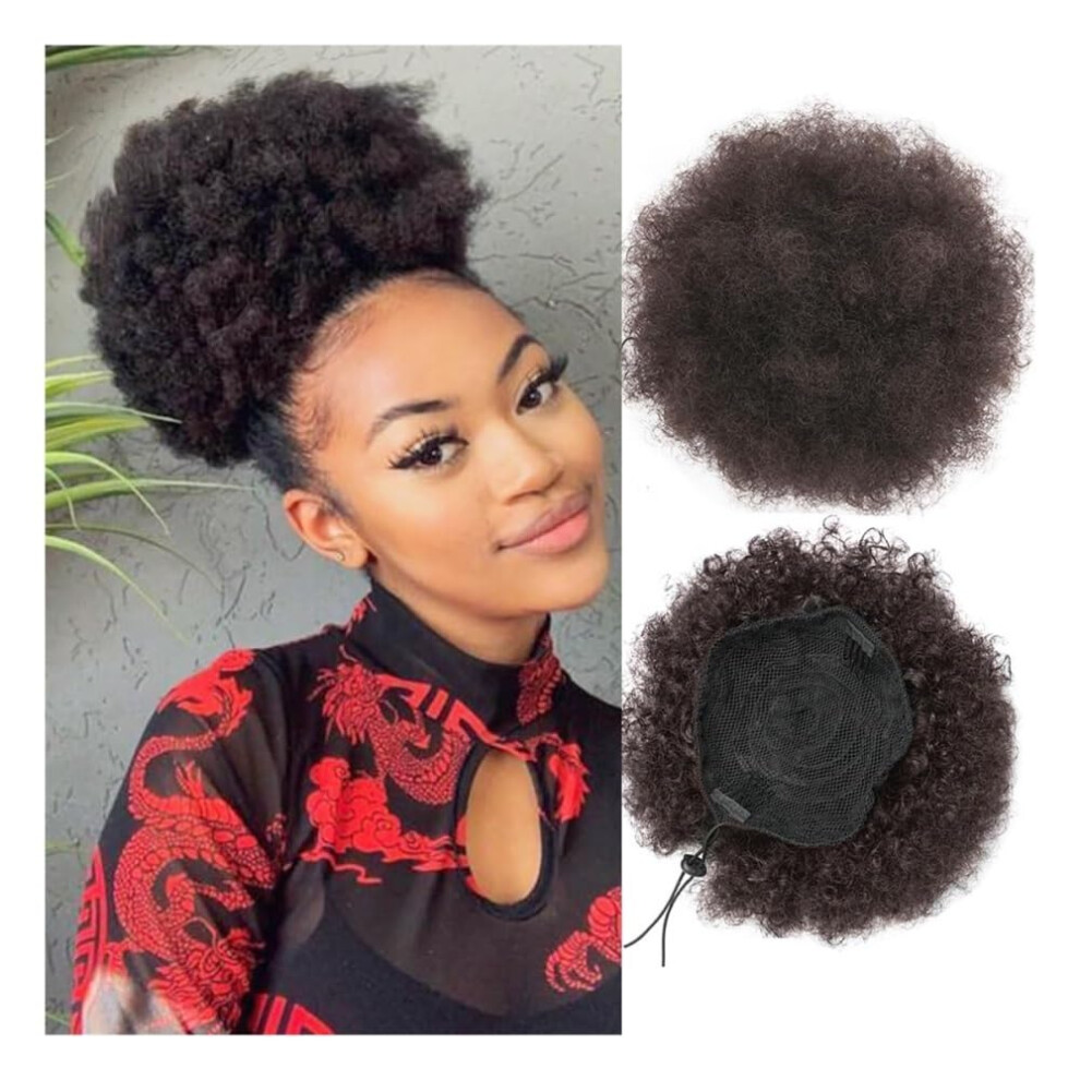Unisex Brown 8 Inch Kinky Curly Drawstring Ponytail Hair Bun Extension Medium Afro Puff Chignon