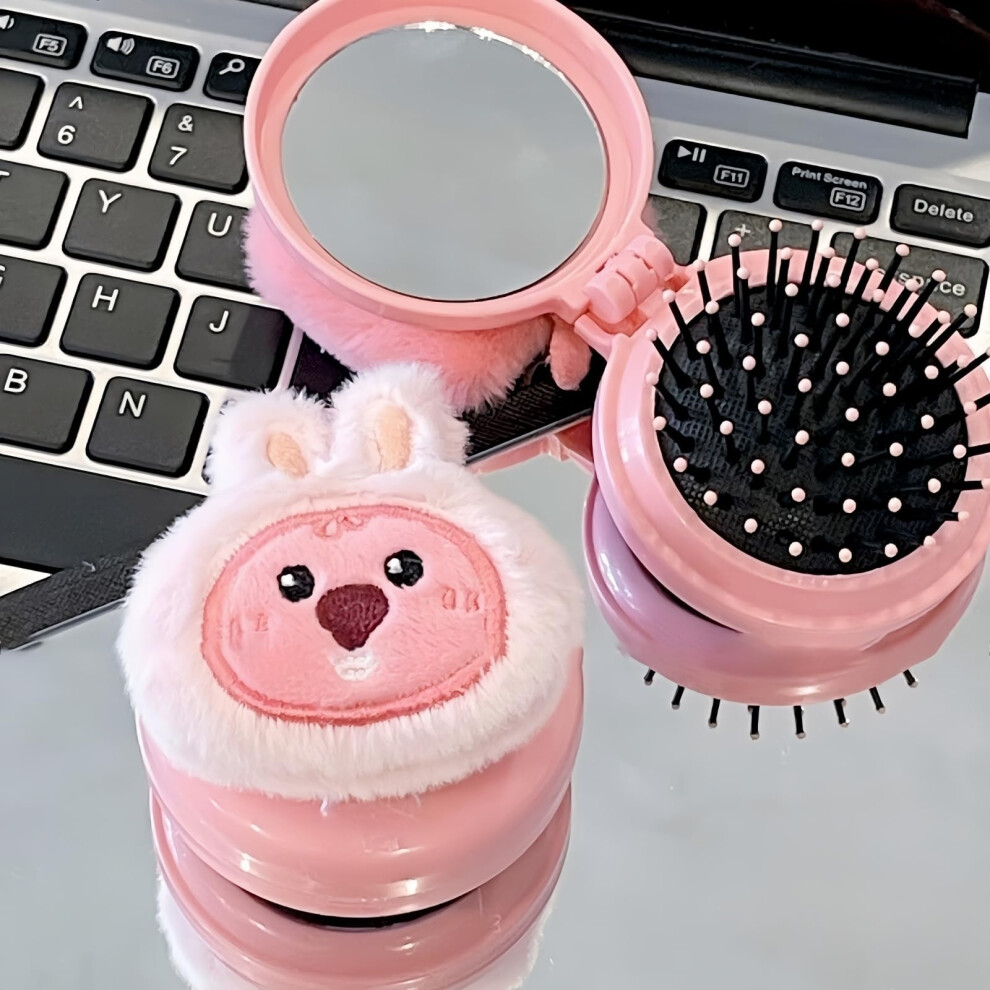 Pink Compact Makeup Mirror With Comb, Cute Bear Foldable Design, 2Pcs Travel Size For Purse