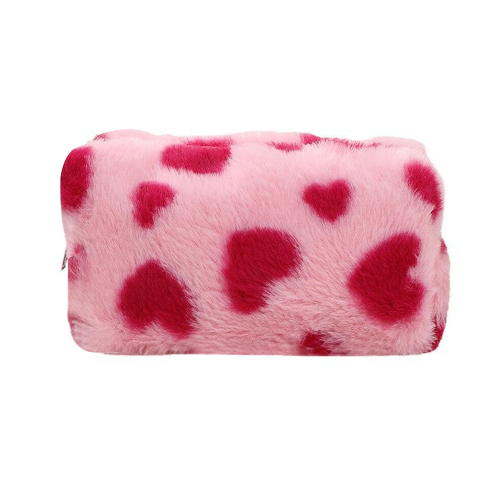 Makeup Bag Small Plush Cosmetic Pouch for Women Girls with Cute Heart Design Travel Pink