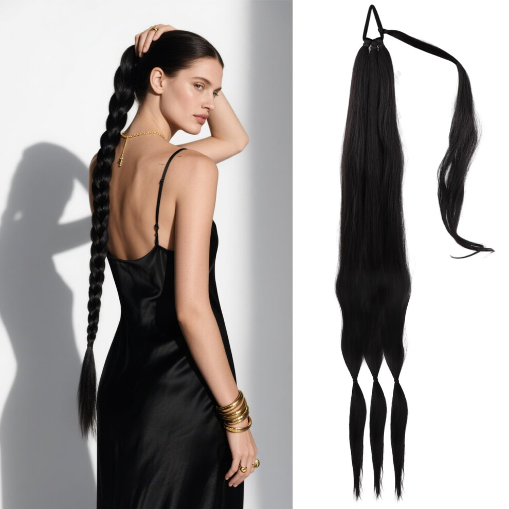 Unisex Black 35 Inch Braided Ponytail Extension Synthetic HeatâResistant Long Braid Hairpiece For Women