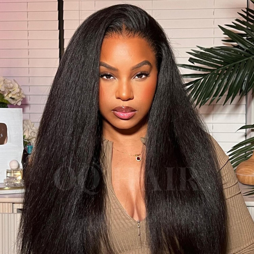 Unisex 28 Inch Kinky Straight Human Hair Wig Glueless 9X6 Hd Lace Pre Plucked Pre Bleached