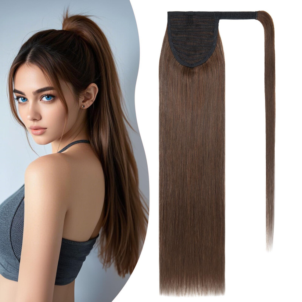 Unisex Brown Human Hair Ponytail Extension 100% Real Remy Wrap Around Clip In Long Straight 13.5 Inch Medium