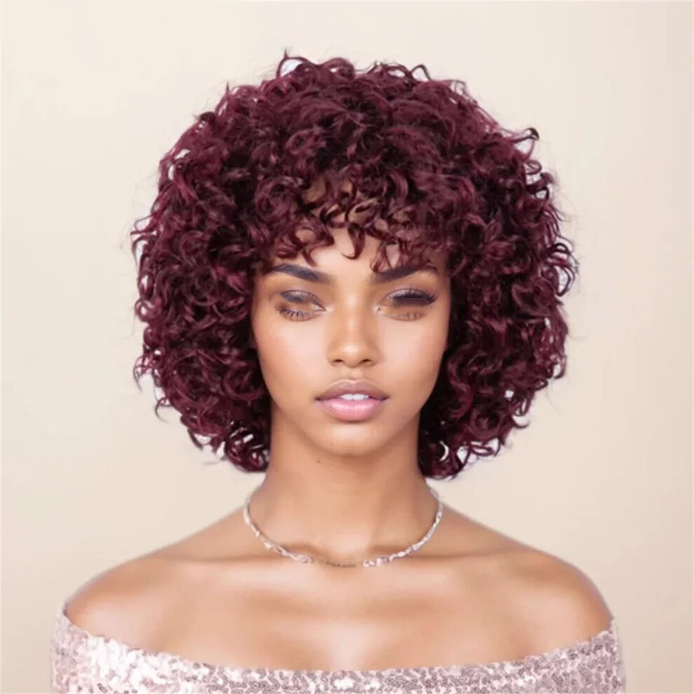 Unisex Short Curly Bob Wig For Women 10 Inch Glueless Natural Remy Human Hair Wig 99J Color